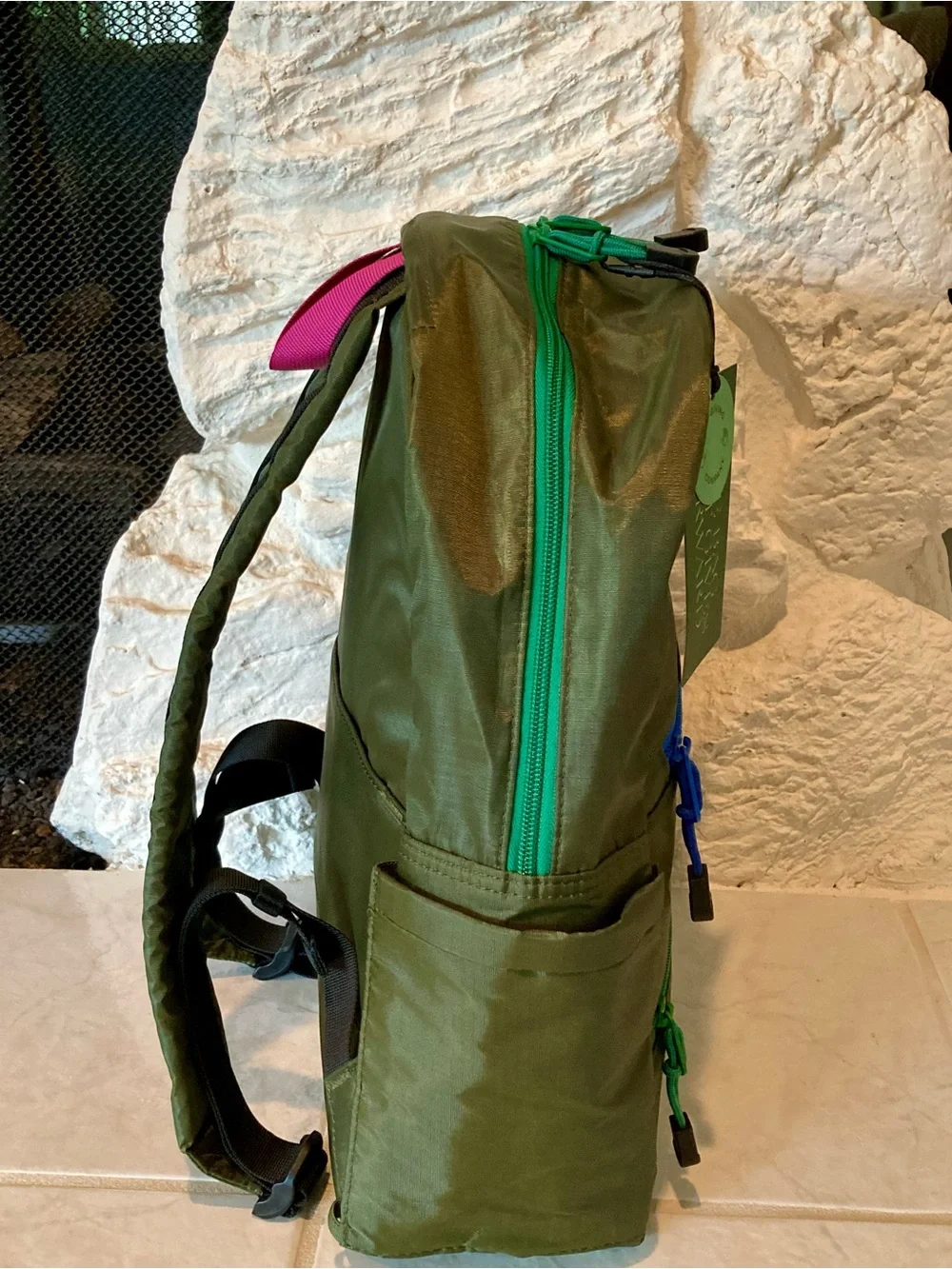 NWT STATE Dark Green Backpack with Blue & Green Zippers and Pink Loop
